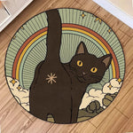tapis rond vintage chats lunes soleils motifs floraux noir beige jaune blanc vert