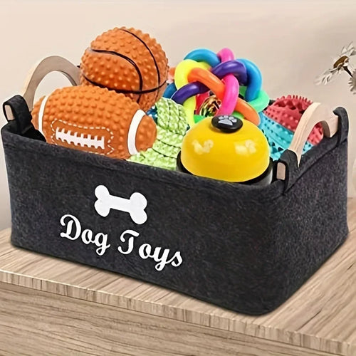 panier rangement jouets chien noir gris feutre texture ossement dog toys rustique gilet balles