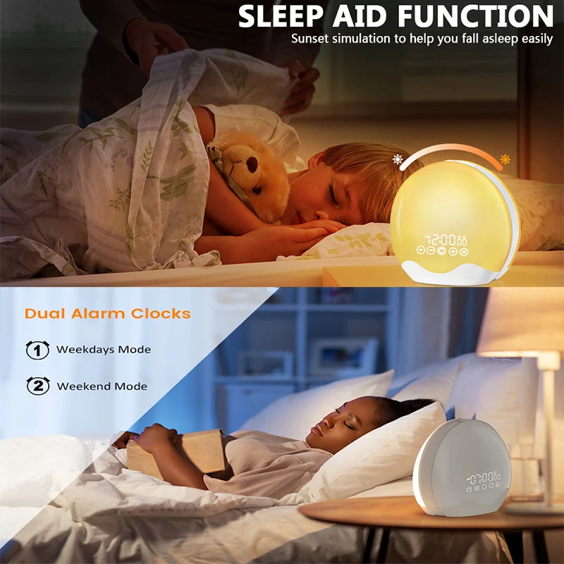 lampe réveil sunrise lumière d'éveil son numérique veilleuse horloge aide sommeil double face led
