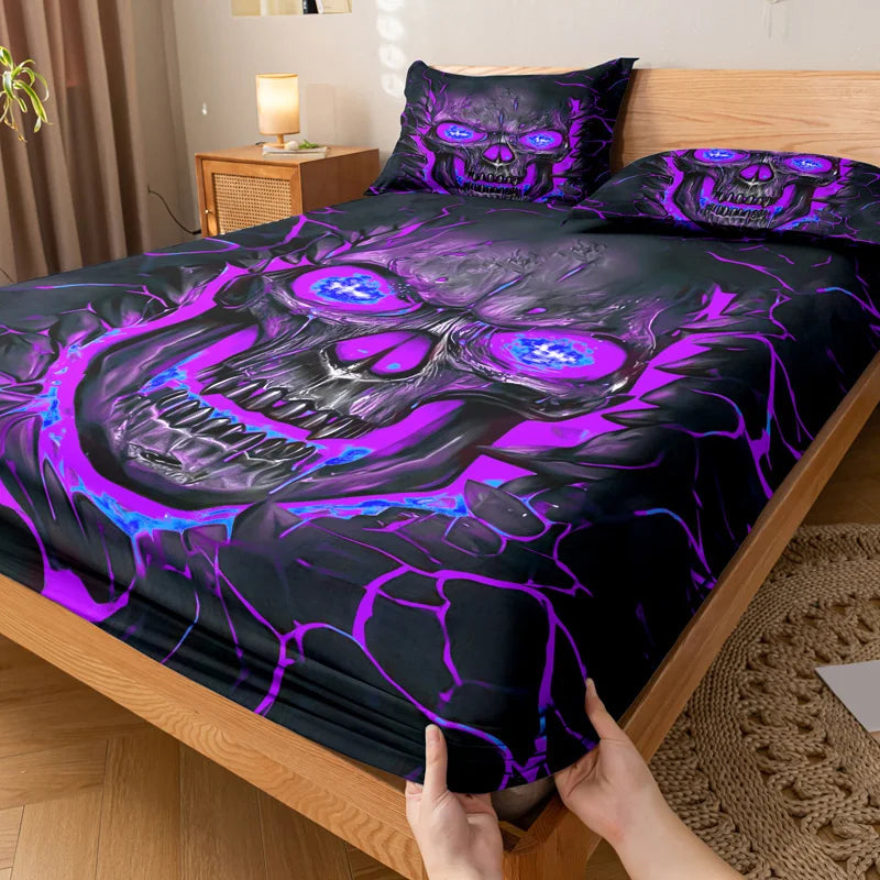 housse lit motif crâne violet coton moderne drap taies oreillers noir bleu graphique