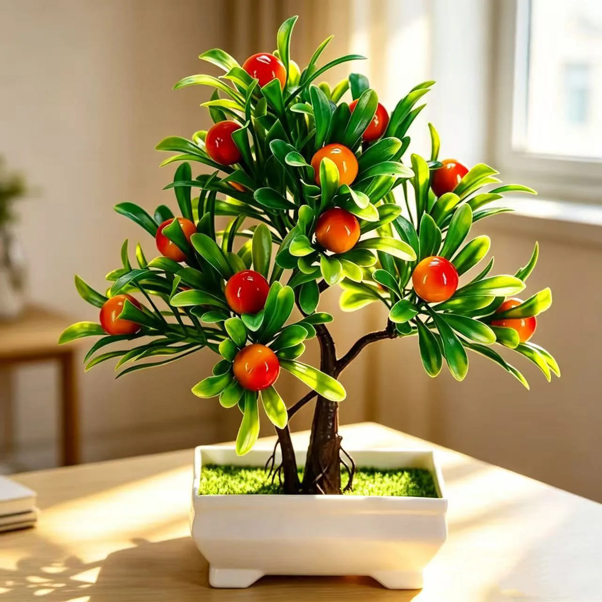décoration intérieure arbre artificiel bonsaï pot blanc feuilles vertes fruits rouges tronc brun