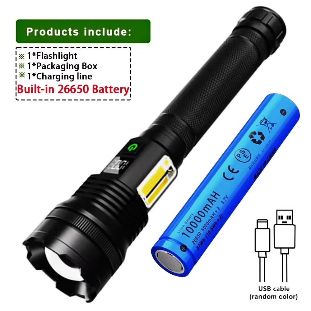 lampe torche led rechargeable zoomable camping chasse haute puissance résistante autodéfense affichage numérique cordon