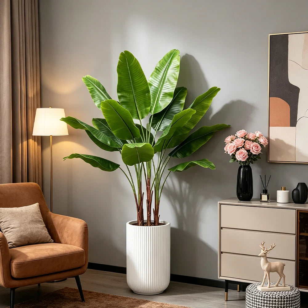 plante tropicale artificielle grande feuille verte bananier faux palmier décoration intérieure pot blanc tronc