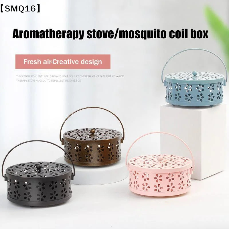 boîte bobines moustiques boîte aromathérapie bleu clair rose pâle moderne perforations floraux poignée métallique