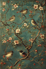 affiche artistique oiseau rouge fleurs blanches branches grises toile huile peinture salon décoration intérieure