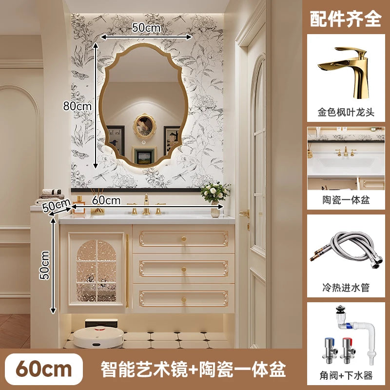 meuble salle bain beige motif floral classique évier céramique miroir anti buée éclairage