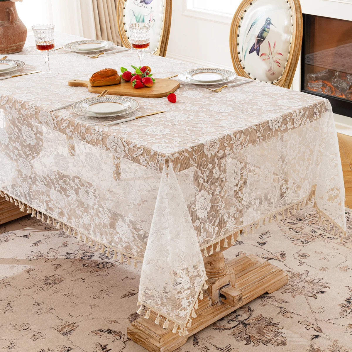 nappe table broderie florale beige réutilisable machine classique tassel mariage fêtesextérieur