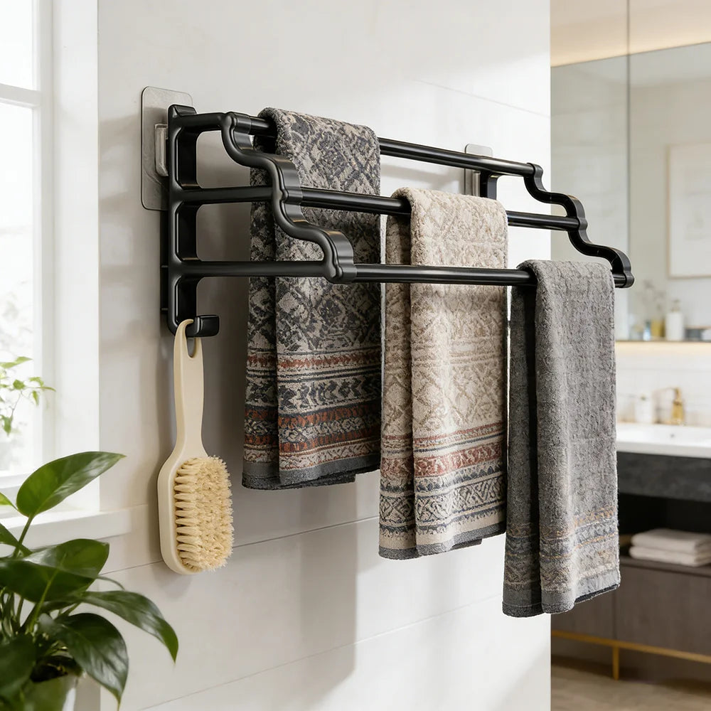 porte serviettes mural moderne adhésif noir 50cm crochet serviettes peignoirs salle bain pliable