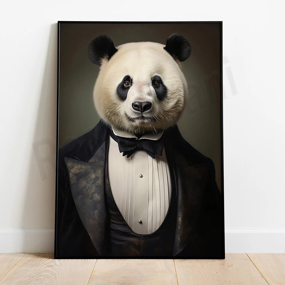 Une élégante panda portant un smoking noir prête à assister à un événement formel.