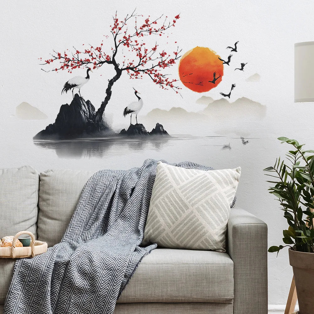 autocollant mural paysage oriental coucher soleil art traditionnel japonais oiseaux montagnes lanternes chambre salon