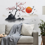 autocollant mural paysage oriental coucher soleil art traditionnel japonais oiseaux montagnes lanternes chambre salon