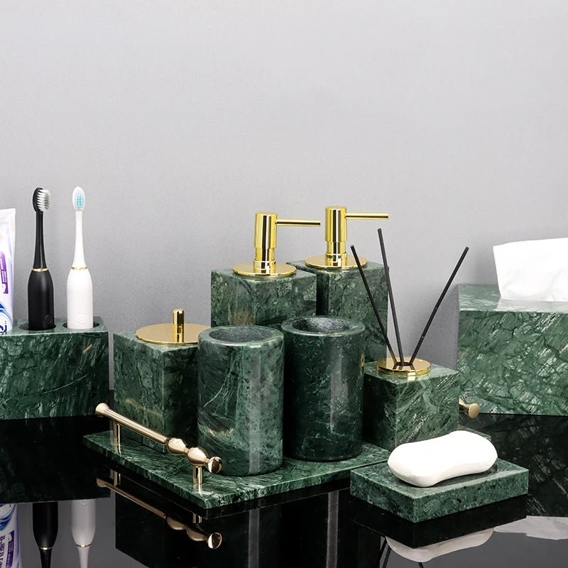 ensemble salle bain marbre vert doré distributeur savon porte brosse dents plateau rangement
