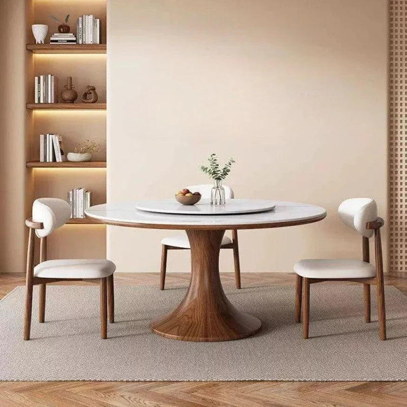 table ronde moderne marbre blanc bois naturel plateau tournant chaises inclusées moderne scandinave