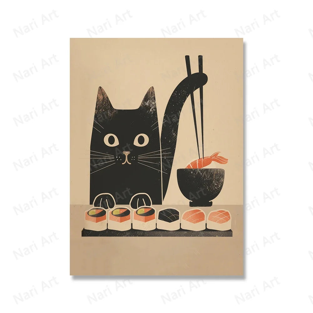 affiche illustration chat noir sushi art japonais fond beige salon décoration maison toile imperméable)frameless