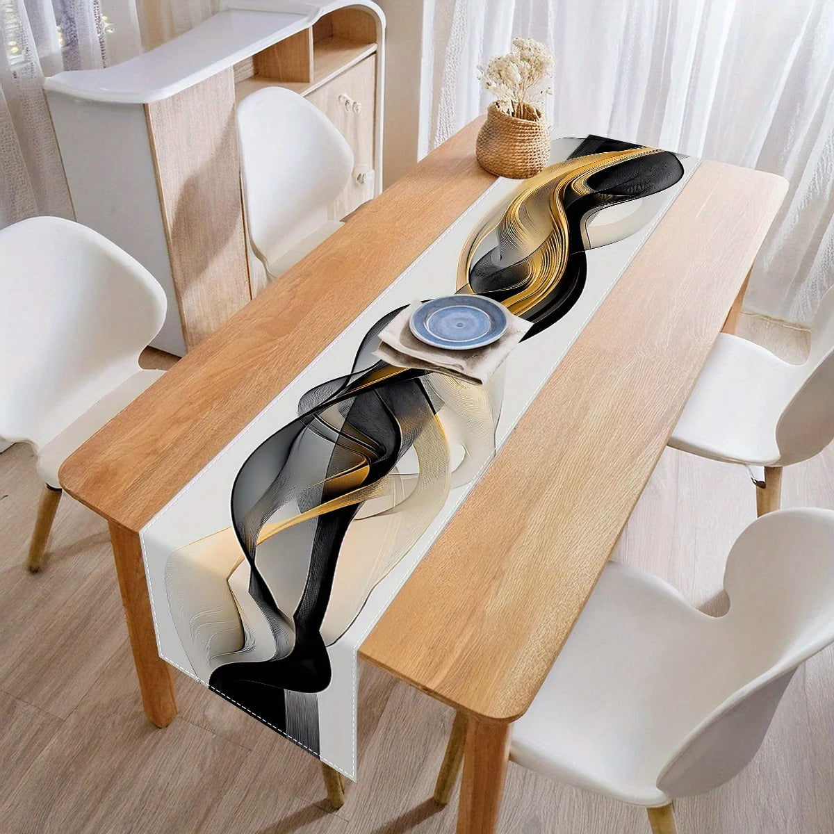 nappe moderne abstraite vagues courbes fluides blanc noir beige doré polyester maison décoration festive