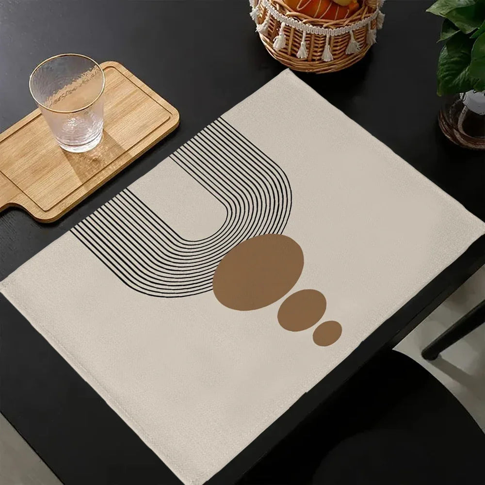 tapis table moderne minimaliste beige noir marron clair lignes cercles 30x45cm polyestere lin