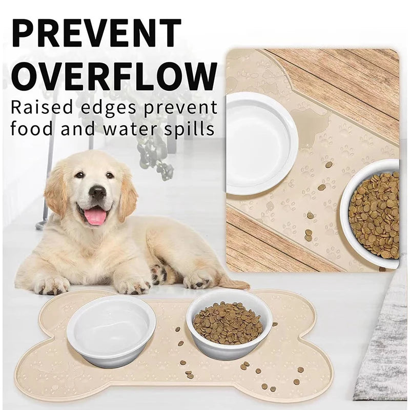 tapis silicone chien imprimé pattes beige clair moderne deux bols