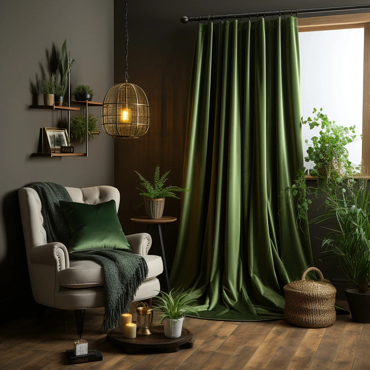 Fauteuil confortable beige avec coussin vert élégant, entouré de plantes luxuriantes, sous une suspension en métal. Ambiance cosy et naturelle, idéale pour un espace détente. Grande fenêtre avec rideaux verts ajoutant une touche de fraîcheur et d'élégance à la pièce. Déco intérieure moderne et chaleureuse.