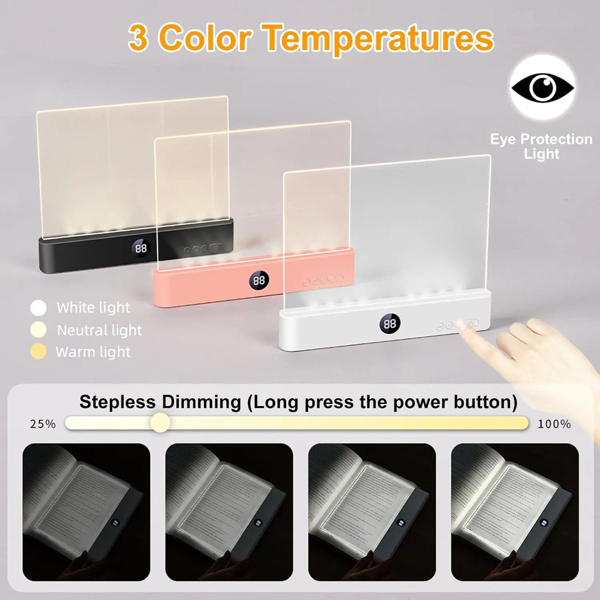 lampe lecture led rechargeable mode tactile intensité variable noir rose blanc moderne minimaliste