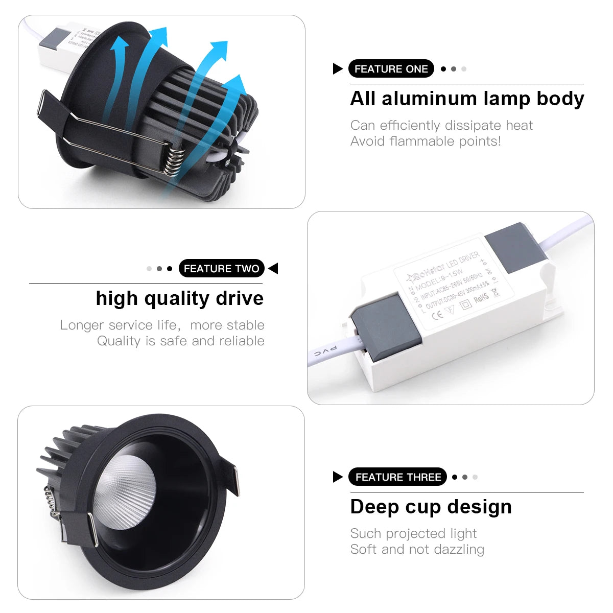 projecteur led spot noir blanc doré moderne câble alimentation certification ul rohs