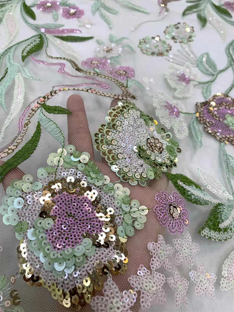 tissu décoratif mariage polyester coton dentelle paillettes motifs floraux broderie fine translucide vert rose