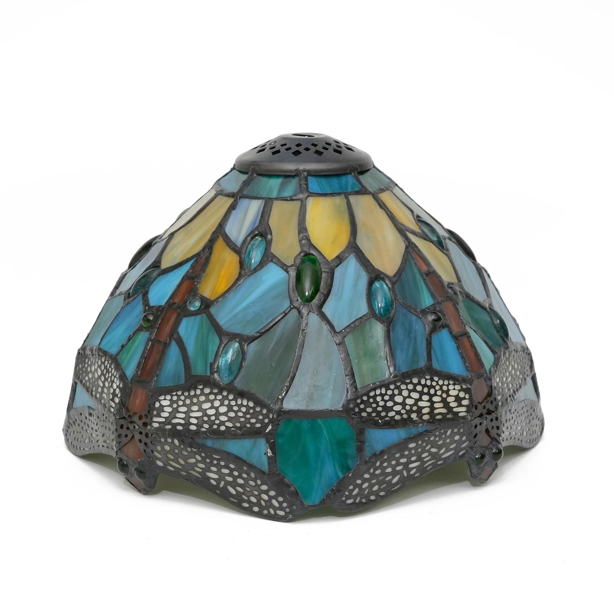 lampe tiffany abat jour verre bleu vert jaune mosaïque art nouveau libellule opacité 13cm