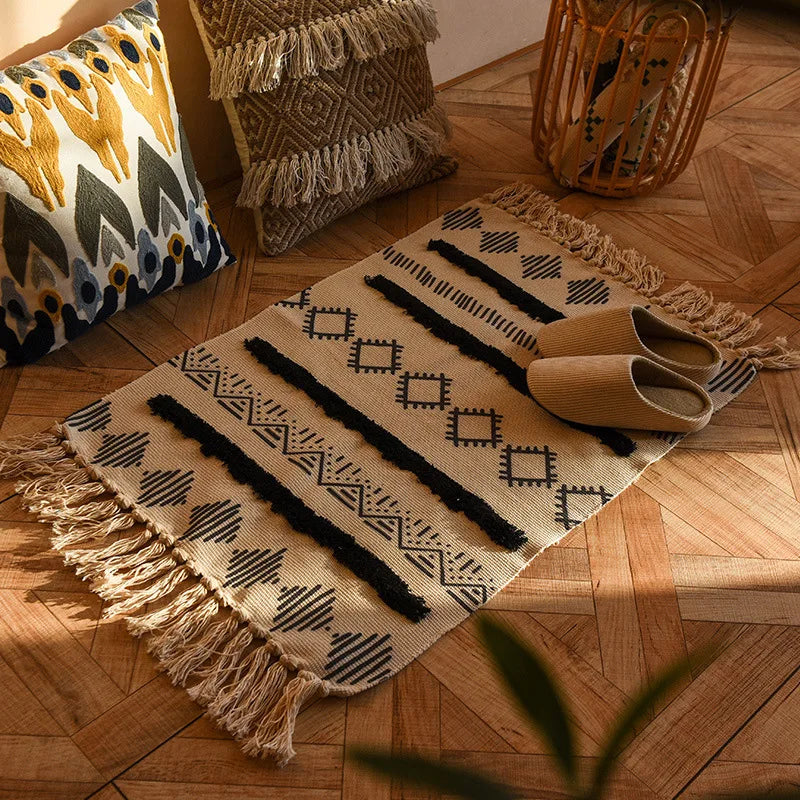 tapis boho chic géométrique coton pompons antidérapant intérieur étoiles cercles triangles