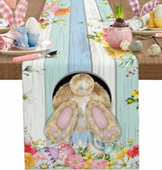 nappe festive pâques motifs lapins œufs fleurs imitation bois rustic printemps