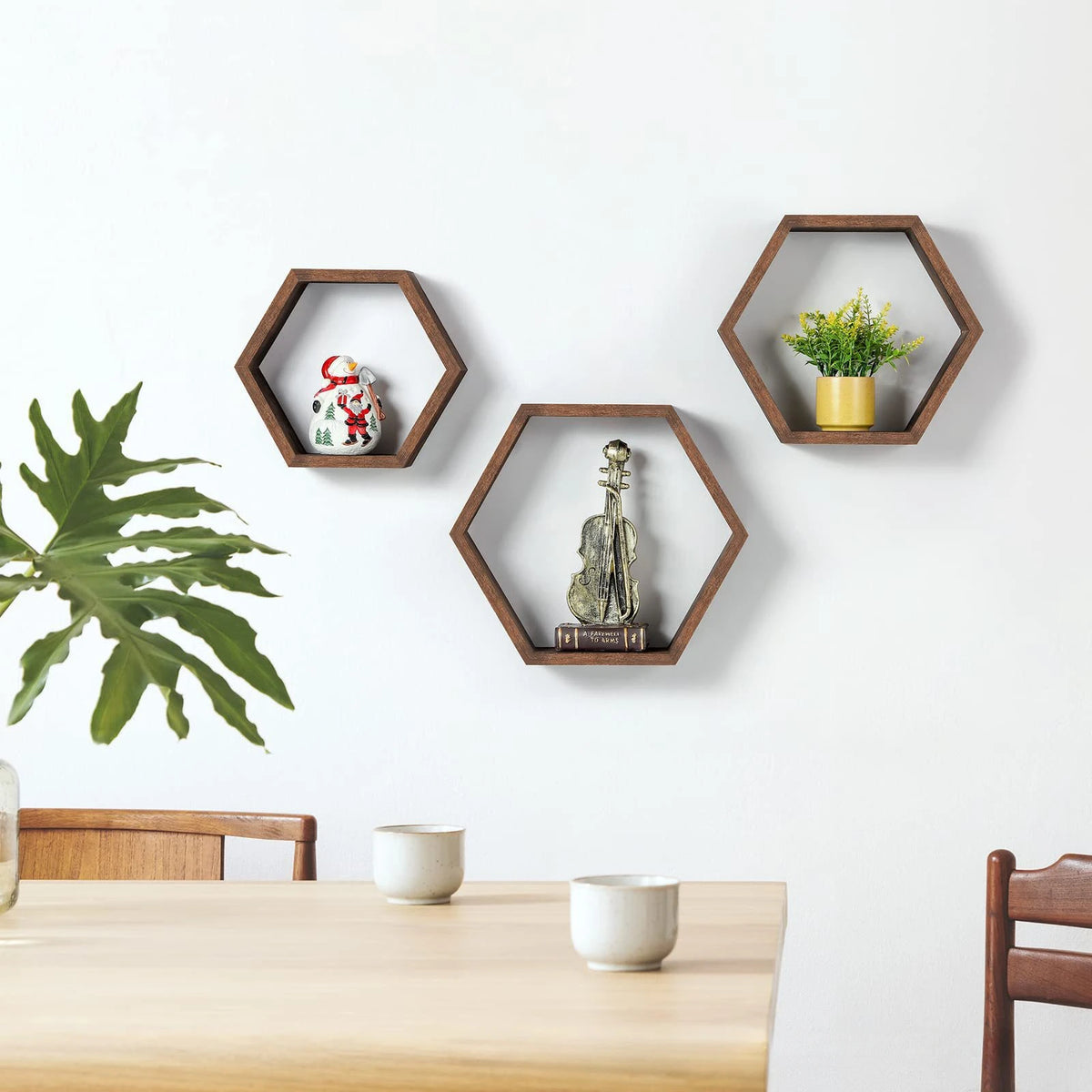 étagères murales hexagonales bois naturel moderne minimaliste protection mousse inclusion montage intégré salon.storage