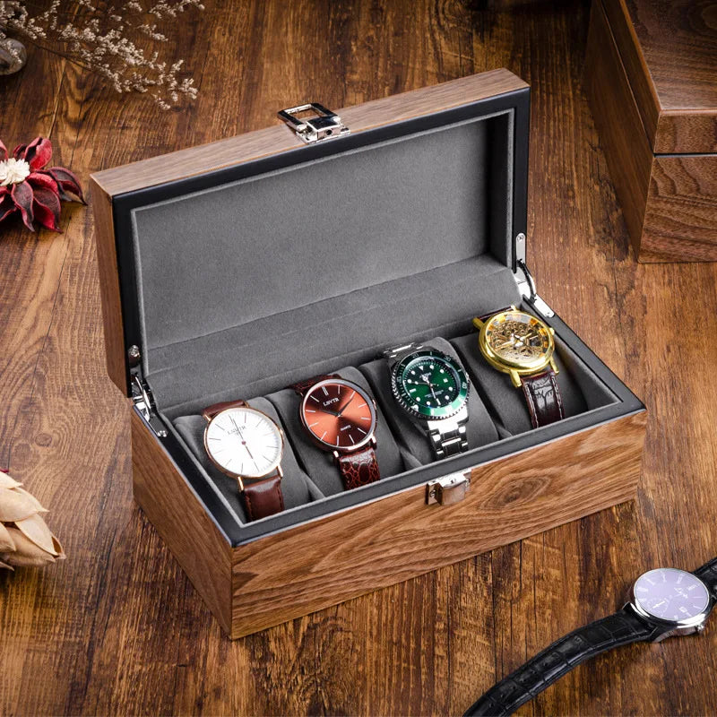 boîte montres 10 slots bois marron velours gris verre transparent classique clips verrouillage