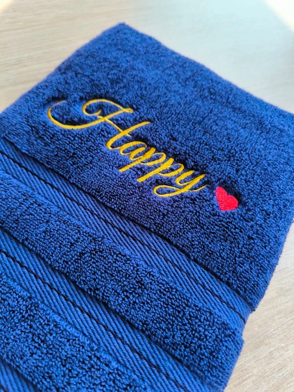 serviette coton bleu roi broderie dorée happy cœur classique maison plage cadeau adultes enfants