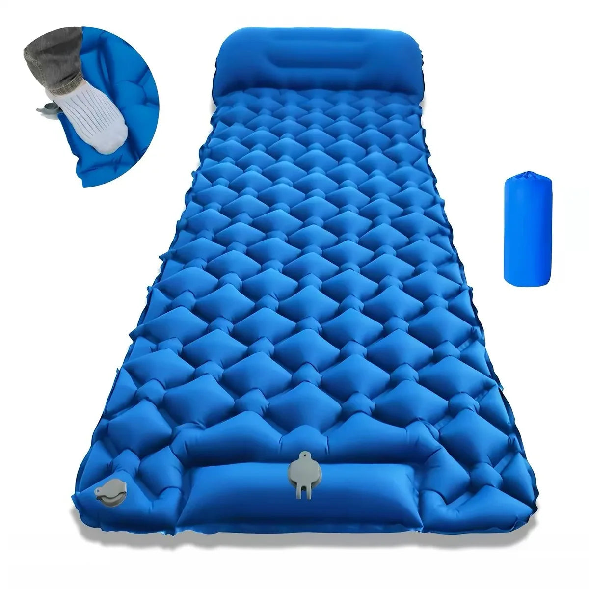 matelas gonflable bleu marine texture gouttes d'eau moderne coussin intégré 190cm 60cm camping extérieur