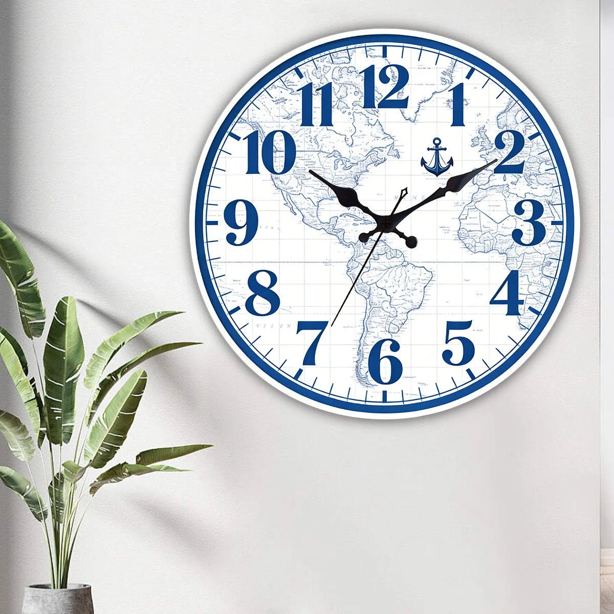 horloge murale carte monde marin décoration intérieure aiguille bleu blanc gris foncé