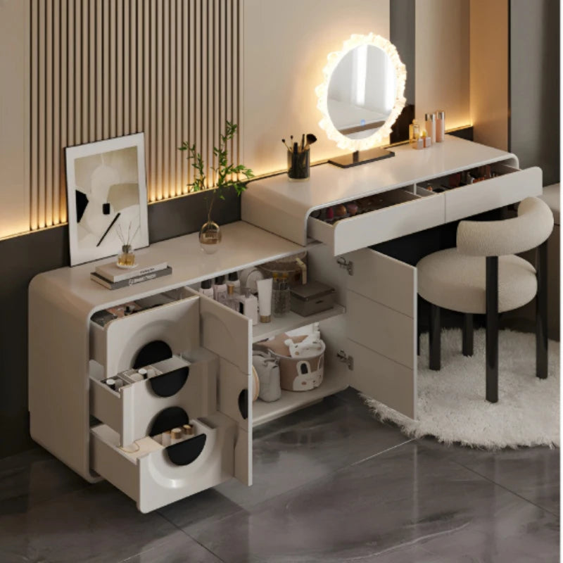 meuble multifonctionnel moderne tiroirs miroir tabouret bois géométrique beige noir