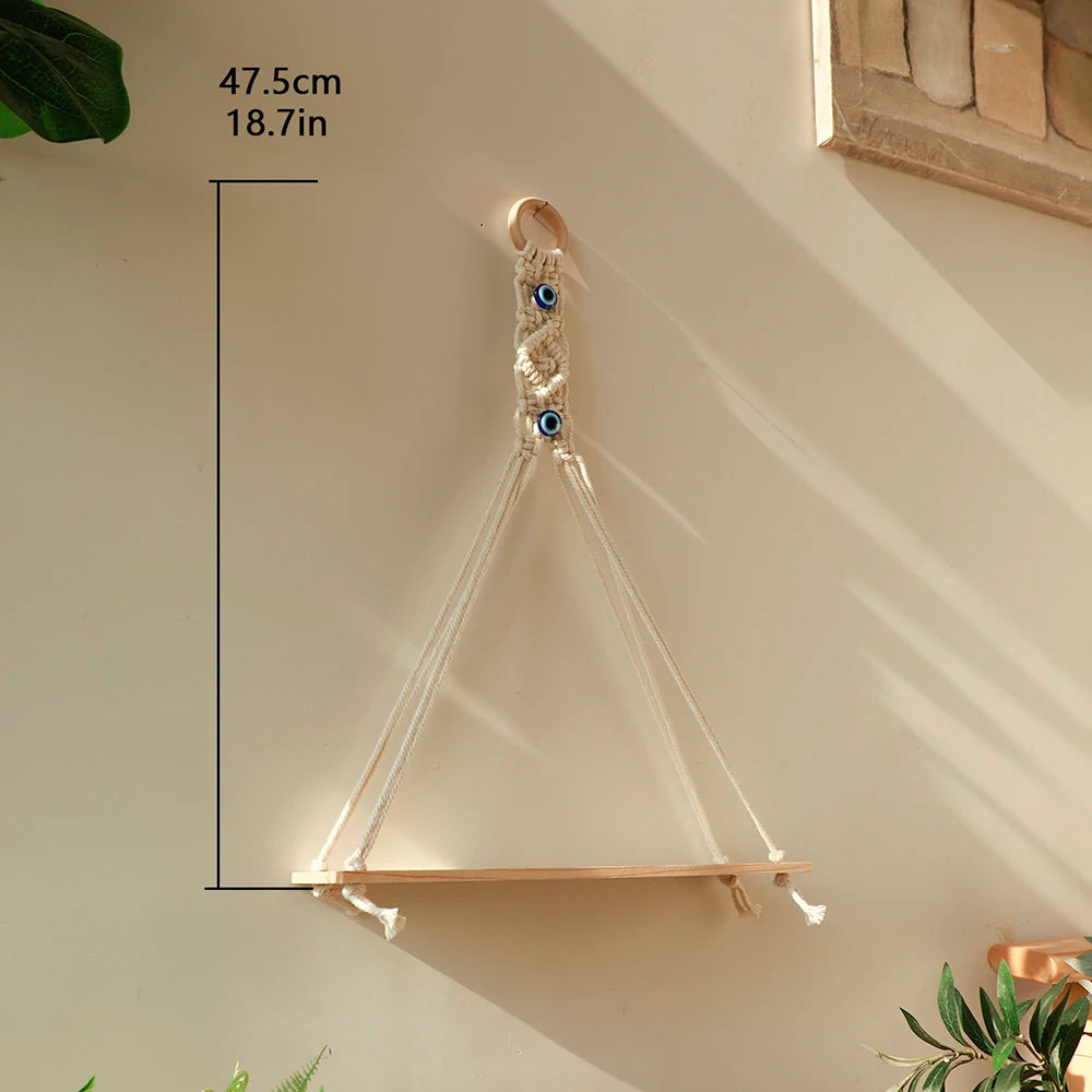 étagère murale bois macramé œil bleu boho chic pot fleurs blanc plante verte