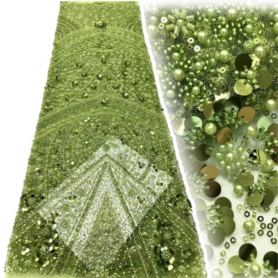 tissu décoratif vert olive noir doré rose pâle sequins motifs floraux broderie luxueux élégant