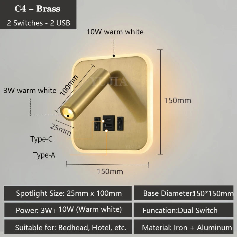 lampe murale multifonctionnelle moderne rechargeable usb noir blanc bronze laiton