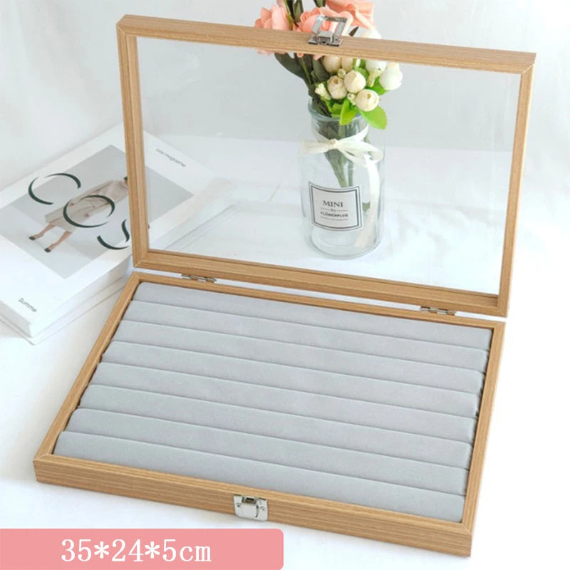 boîte bijoux bois naturel moderne boucles doreilles cadenas 35x24x5cm organisateur rangement transparent grille