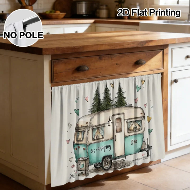 rideau cuisine illustration camping car arbres blanc vert beige four seasons classic machine wash