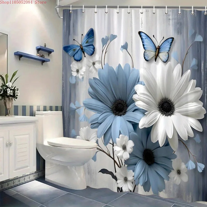 rideau douche polyester bleu blanc fleurs papillons moderne opale crochets facile installer respectueux environnement