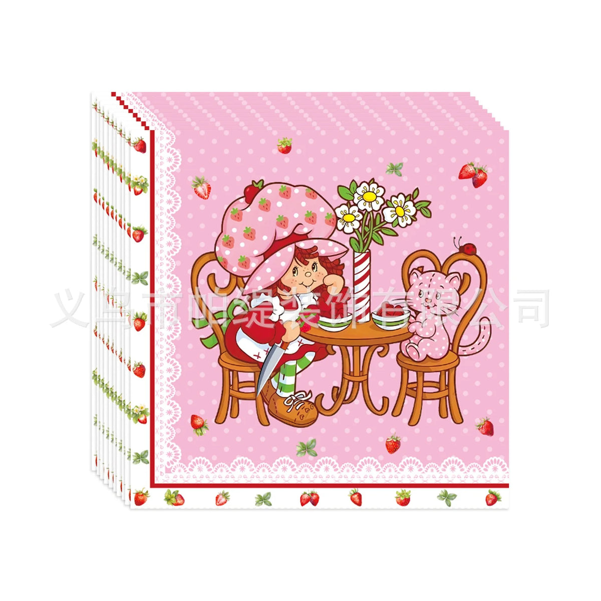 assiettes jetables serviettes gobelets guirlande fraises dessin animé enfantin rose blanche festive anniversaire filles