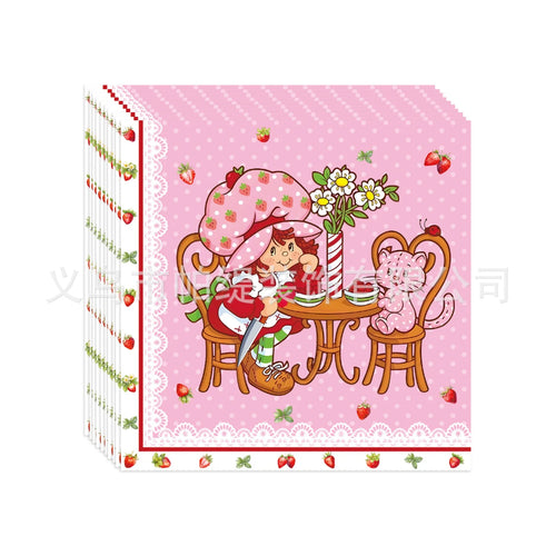 assiettes jetables serviettes gobelets guirlande fraises dessin animé enfantin rose blanche festive anniversaire filles