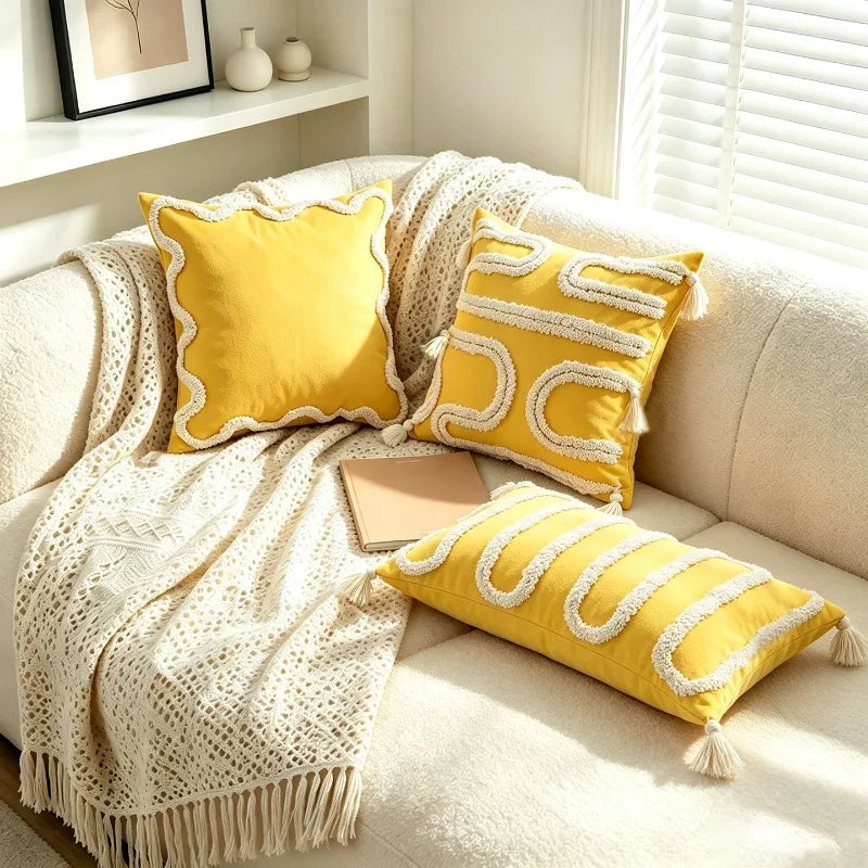 coussin decoratif geometrique jaune broderie blanche franges moderne maison voiture nordique polyeste carre