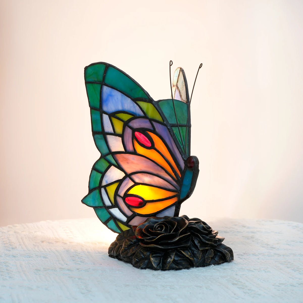 lampe poser moderne papillon verre coloré art deco multiple couleurs interrupteur câble daluminium
