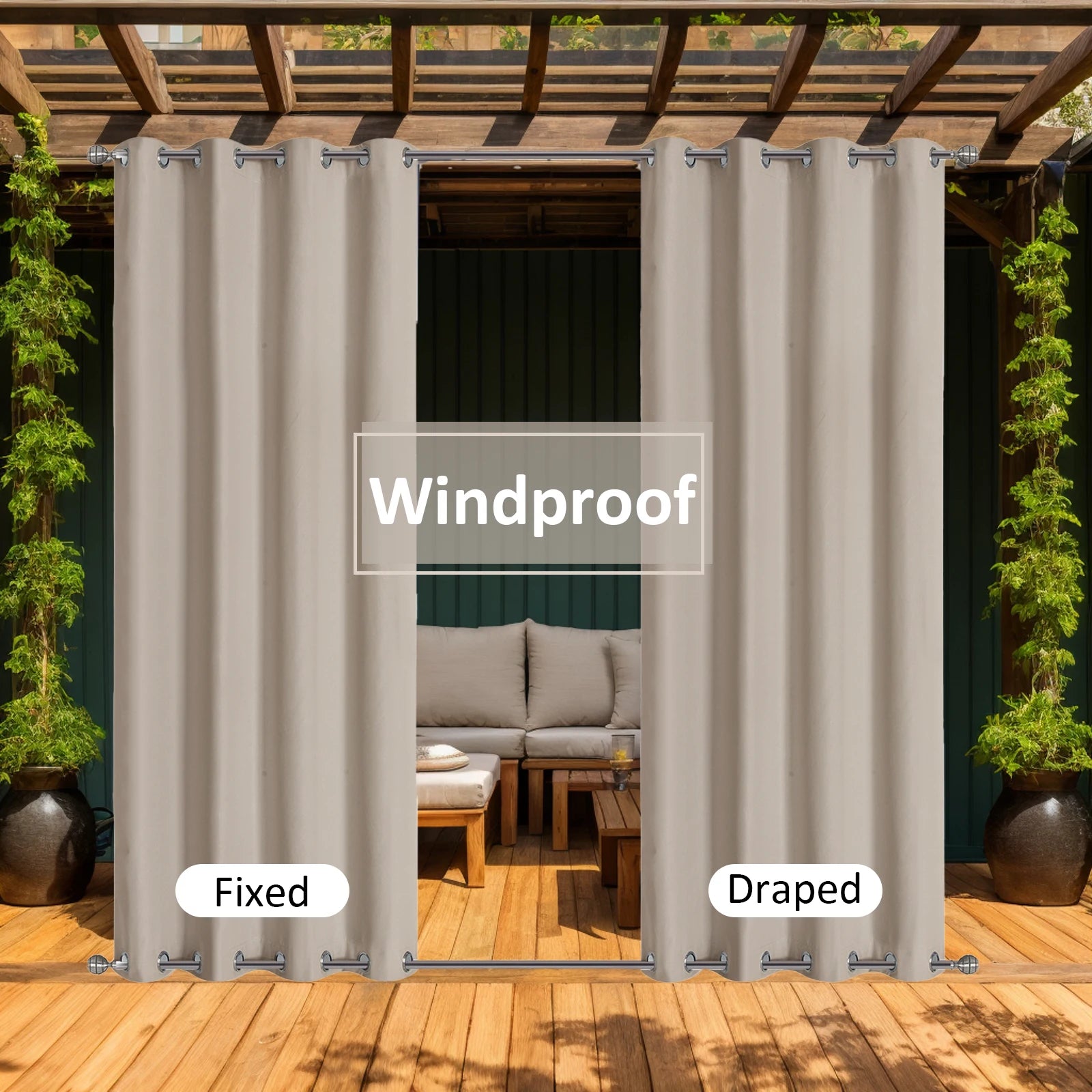 Rideau d'extérieur blanc coupe-vent installé sur une pergola