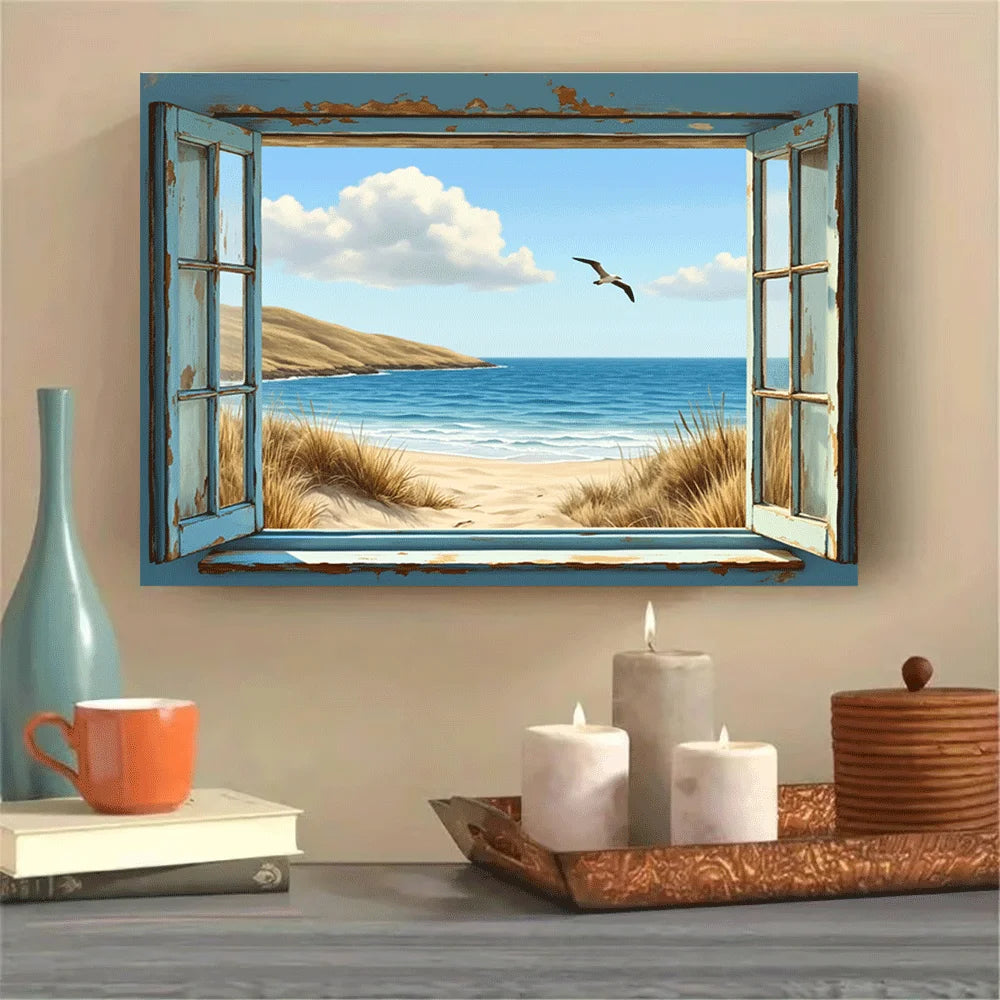 tableau mural paysage marin plage dunes mouette ciel bleu nuages réaliste sans cadre horizontalDecorationMuraleCotiere