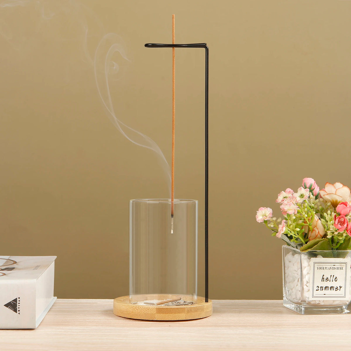 porte encens moderne verre métal incense holder ash catcher deco intérieure aromathérapie yoga meditation
