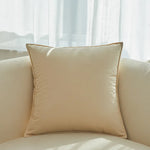 Un coussin décoratif beige élégant posé sur un canapé près d'une fenêtre donnant sur un paysage extérieur flou.