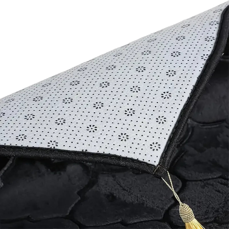 tapis prière polyester antidérapant motif géométrique gris vert noir moderne élégant franges doréesversible main