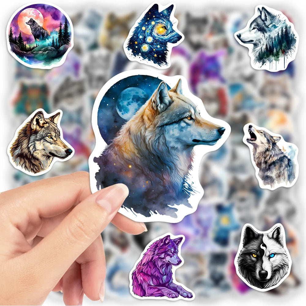 stickers adhésifs waterproof modernes illustrations loups motifs ethniques forêt nocturne galactiques multicolores adultes adolescents